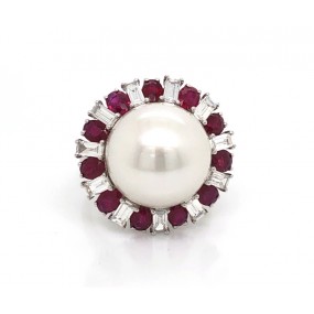 18kt White Gold Diamond, Ruby and Pearl Ring